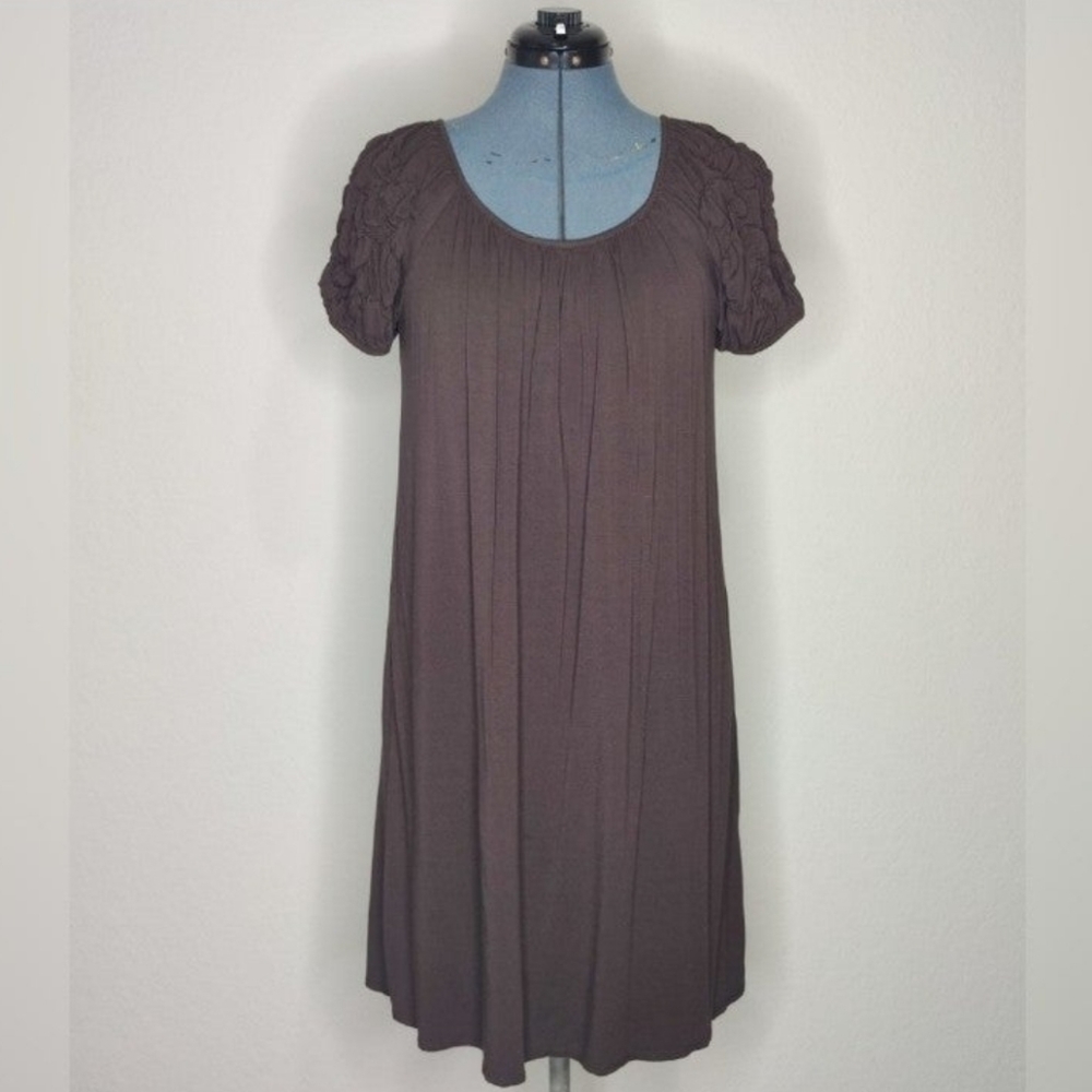 MAX STUDIO Brown Popcorn Sleeve Flowy Knee Length Dress